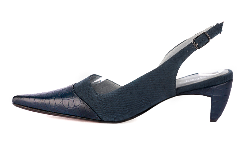 Navy blue women's slingback shoes. Pointed toe. Medium comma heels. Profile view - Florence KOOIJMAN